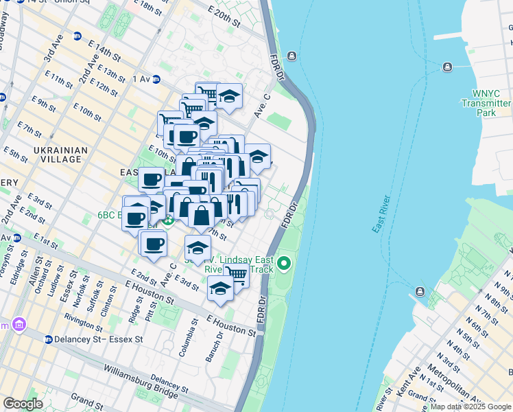 map of restaurants, bars, coffee shops, grocery stores, and more near E 10th St & Avenue D in New York