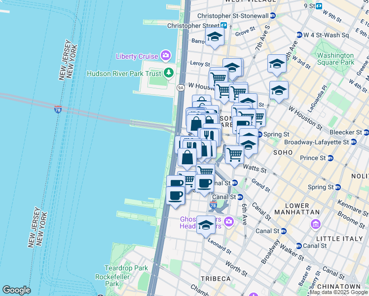 map of restaurants, bars, coffee shops, grocery stores, and more near 471 Washington Street in New York