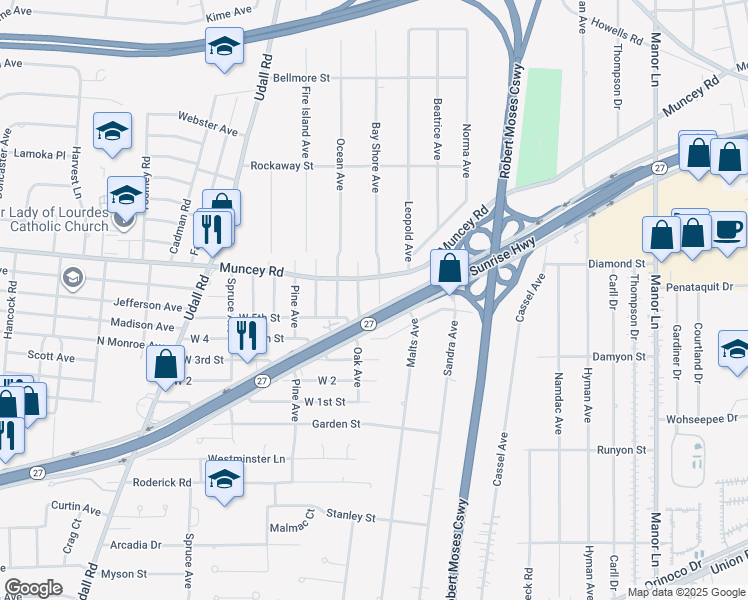 map of restaurants, bars, coffee shops, grocery stores, and more near 1304 Roosevelt Place in West Islip
