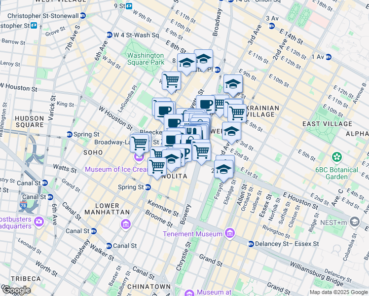 map of restaurants, bars, coffee shops, grocery stores, and more near 301 Elizabeth Street in New York