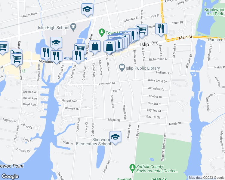 map of restaurants, bars, coffee shops, grocery stores, and more near 25 1st Street in Islip