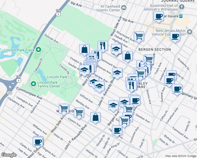 map of restaurants, bars, coffee shops, grocery stores, and more near 185 Fairview Avenue in Jersey City