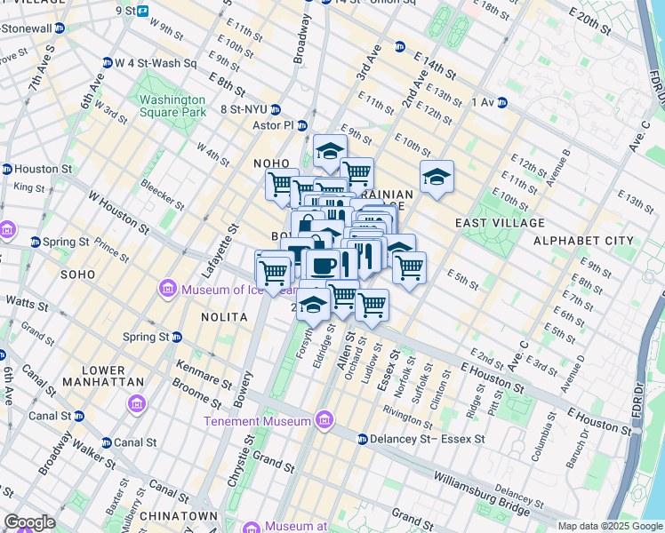 map of restaurants, bars, coffee shops, grocery stores, and more near 44 East 2nd Street in New York
