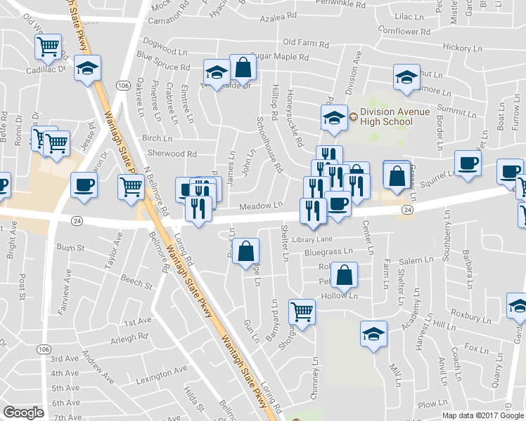 map of restaurants, bars, coffee shops, grocery stores, and more near 42 Meadow Lane in Levittown