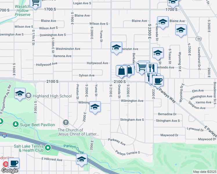 map of restaurants, bars, coffee shops, grocery stores, and more near 2120 South 2100 East in Salt Lake City