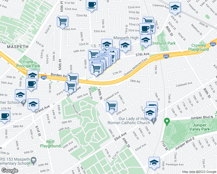 map of restaurants, bars, coffee shops, grocery stores, and more near 58-09 69th Place in Queens