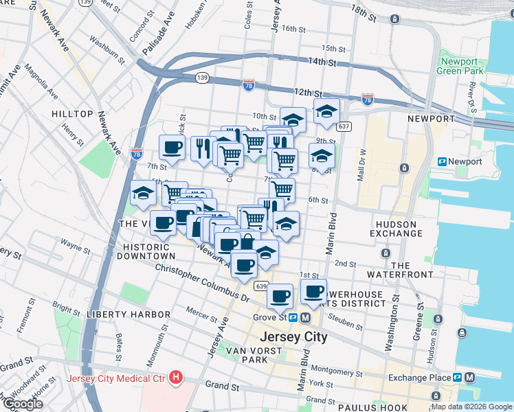 map of restaurants, bars, coffee shops, grocery stores, and more near 272 5th Street in Jersey City