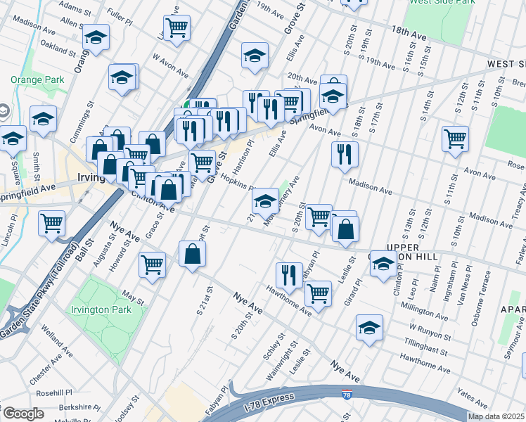 map of restaurants, bars, coffee shops, grocery stores, and more near 141-181 Montgomery Avenue in Irvington