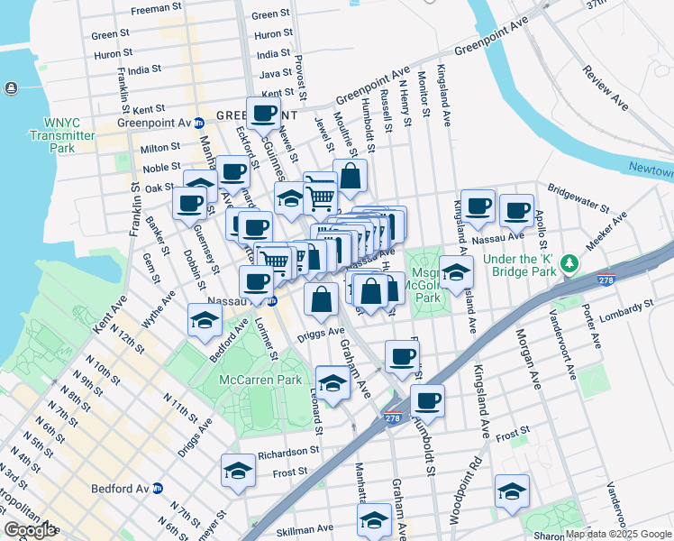 map of restaurants, bars, coffee shops, grocery stores, and more near 147 Nassau Avenue in Brooklyn