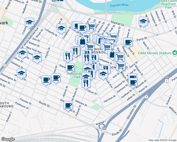map of restaurants, bars, coffee shops, grocery stores, and more near 257 New York Avenue in Newark