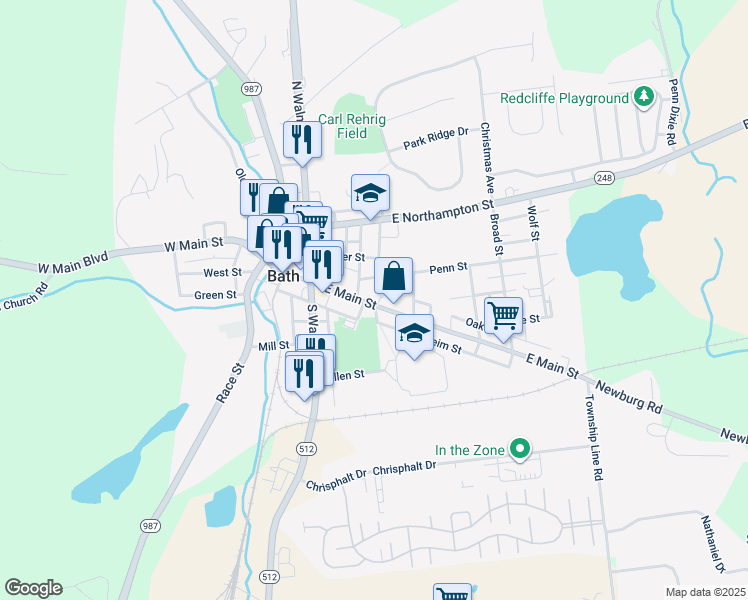 map of restaurants, bars, coffee shops, grocery stores, and more near 221 East Main Street in Bath