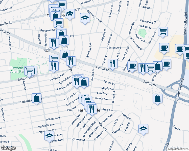map of restaurants, bars, coffee shops, grocery stores, and more near 10 Fuschetto Court in Farmingdale