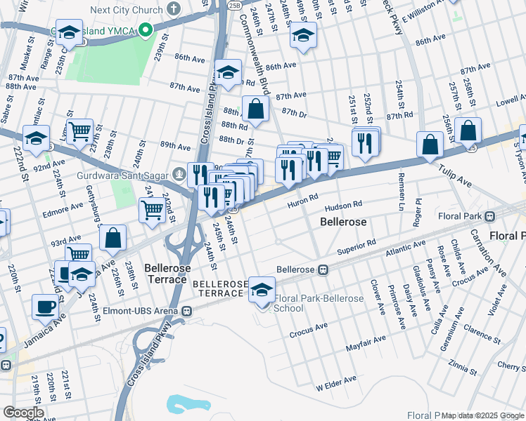 map of restaurants, bars, coffee shops, grocery stores, and more near 24736 New York 25 in Bellerose