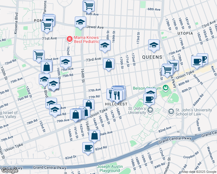 map of restaurants, bars, coffee shops, grocery stores, and more near 76-41 167th Street in Queens