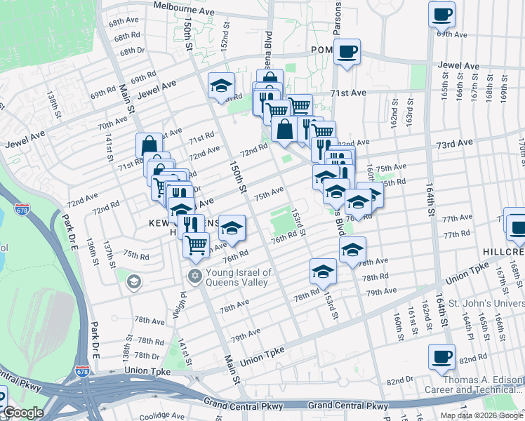 map of restaurants, bars, coffee shops, grocery stores, and more near 150-21 75th Road in Queens