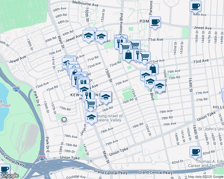 map of restaurants, bars, coffee shops, grocery stores, and more near 147-46 75th Avenue in Queens