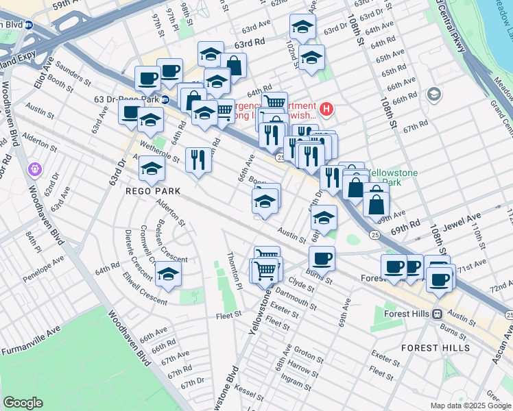 map of restaurants, bars, coffee shops, grocery stores, and more near 98-27 67th Avenue in Queens