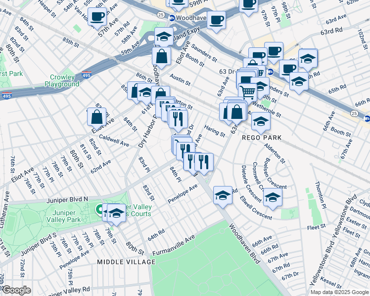 map of restaurants, bars, coffee shops, grocery stores, and more near in Queens