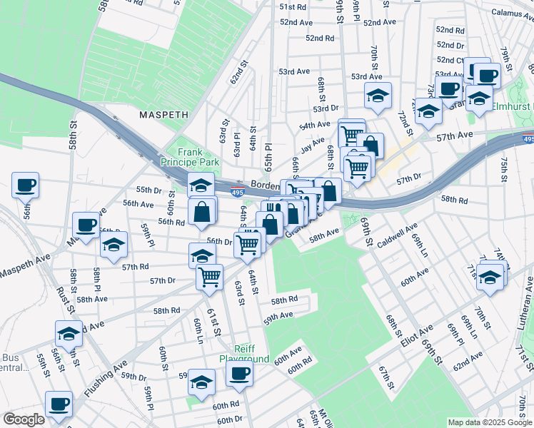 map of restaurants, bars, coffee shops, grocery stores, and more near 56-17 Remsen Place in Queens