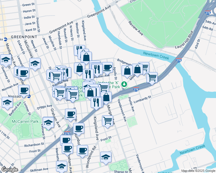 map of restaurants, bars, coffee shops, grocery stores, and more near 594 Morgan Avenue in Brooklyn