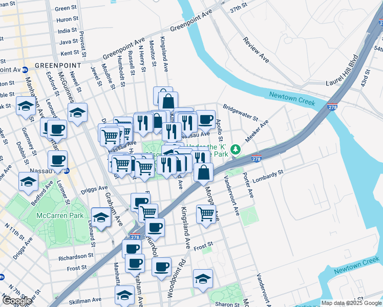 map of restaurants, bars, coffee shops, grocery stores, and more near 61 Sutton Street in Brooklyn