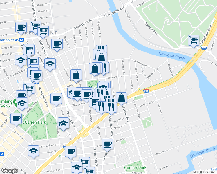 map of restaurants, bars, coffee shops, grocery stores, and more near 61 Sutton Street in Brooklyn