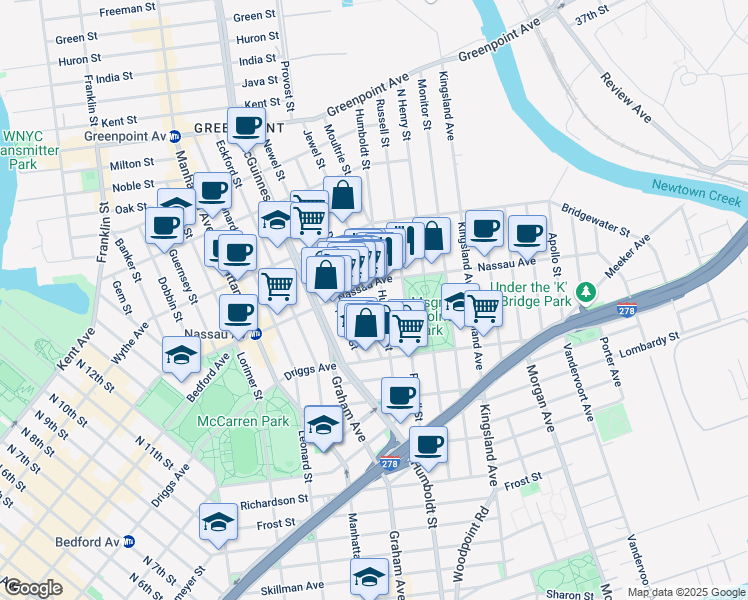 map of restaurants, bars, coffee shops, grocery stores, and more near 663 Humboldt Street in Brooklyn