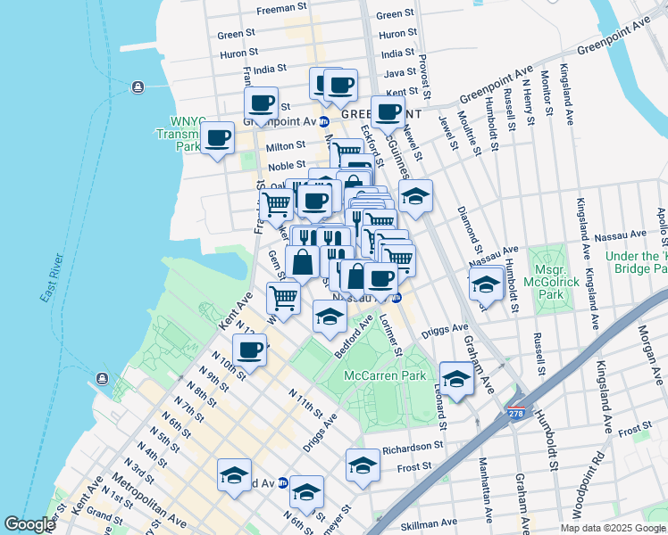 map of restaurants, bars, coffee shops, grocery stores, and more near 33 Norman Avenue in Brooklyn