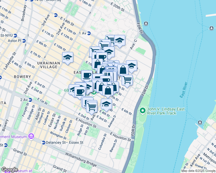 map of restaurants, bars, coffee shops, grocery stores, and more near 107-109 Avenue C in New York