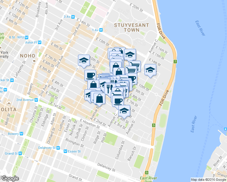 map of restaurants, bars, coffee shops, grocery stores, and more near 200 East 7th Street in New York