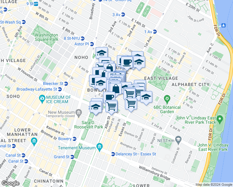 map of restaurants, bars, coffee shops, grocery stores, and more near 57 1st Avenue in New York