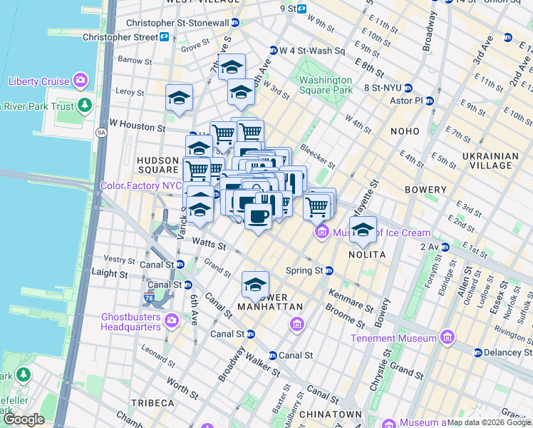 map of restaurants, bars, coffee shops, grocery stores, and more near 423 West Broadway in New York