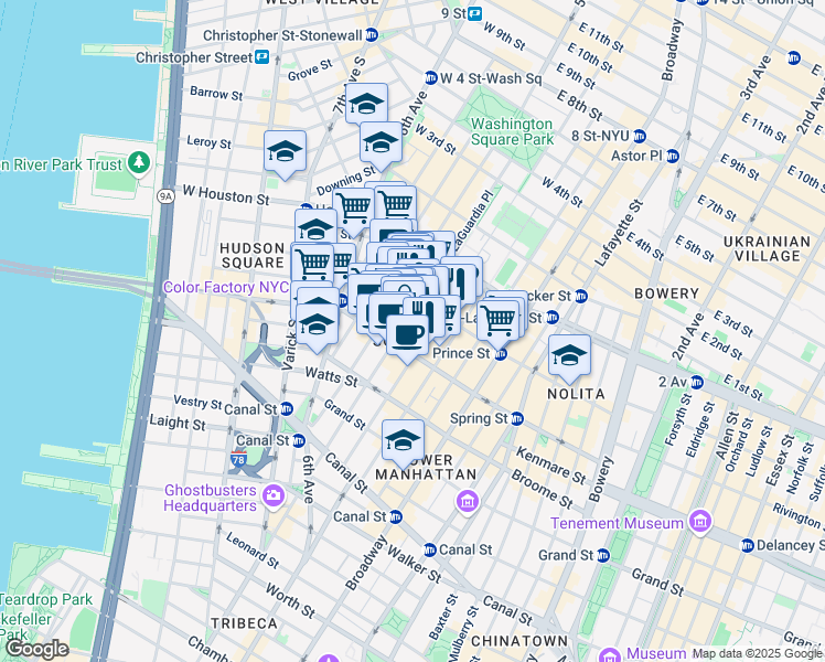 map of restaurants, bars, coffee shops, grocery stores, and more near 423 West Broadway in New York
