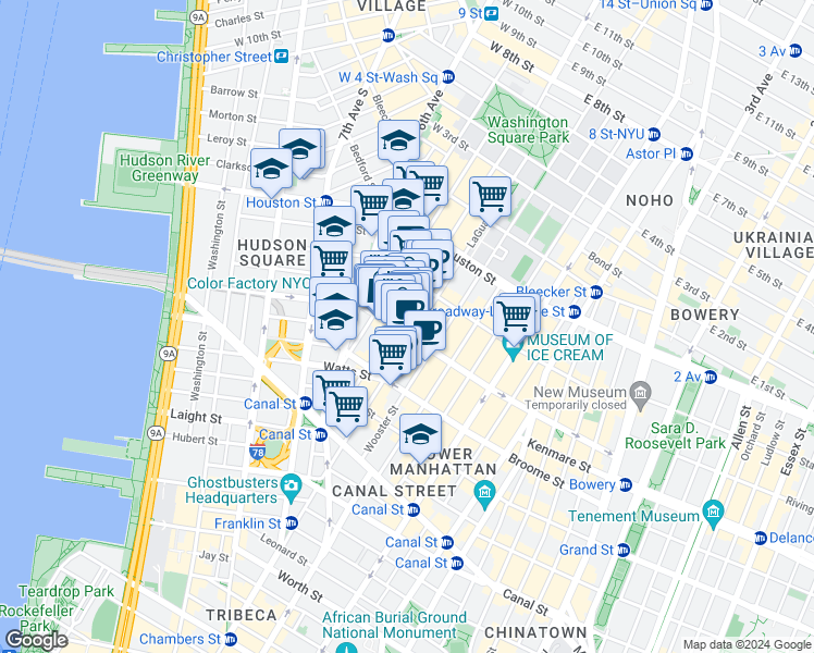 map of restaurants, bars, coffee shops, grocery stores, and more near in New York