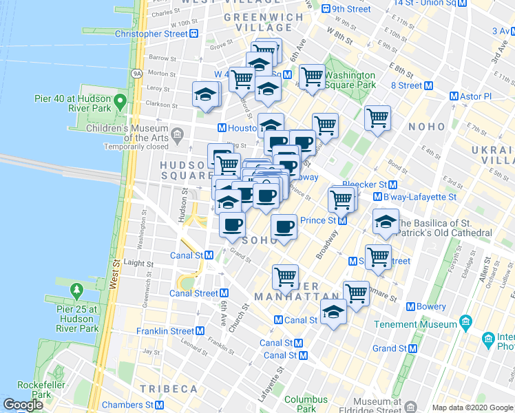 map of restaurants, bars, coffee shops, grocery stores, and more near in New York