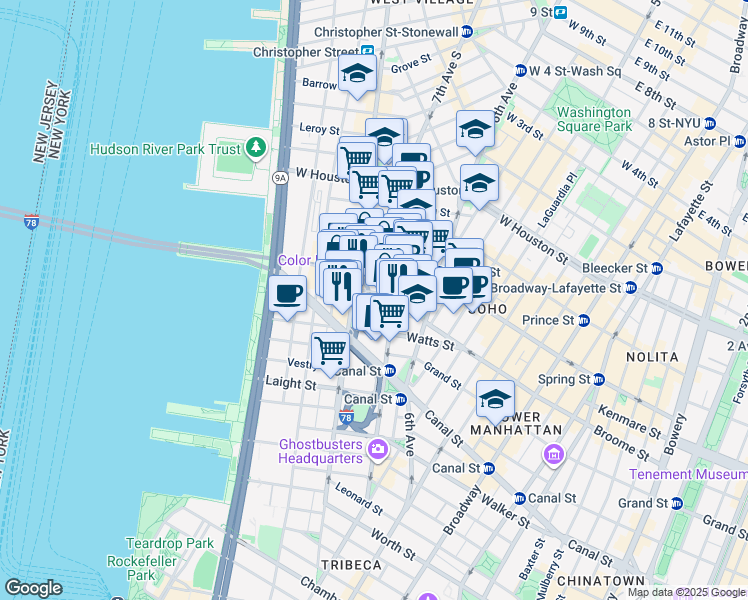 map of restaurants, bars, coffee shops, grocery stores, and more near 38 Dominick Street in New York
