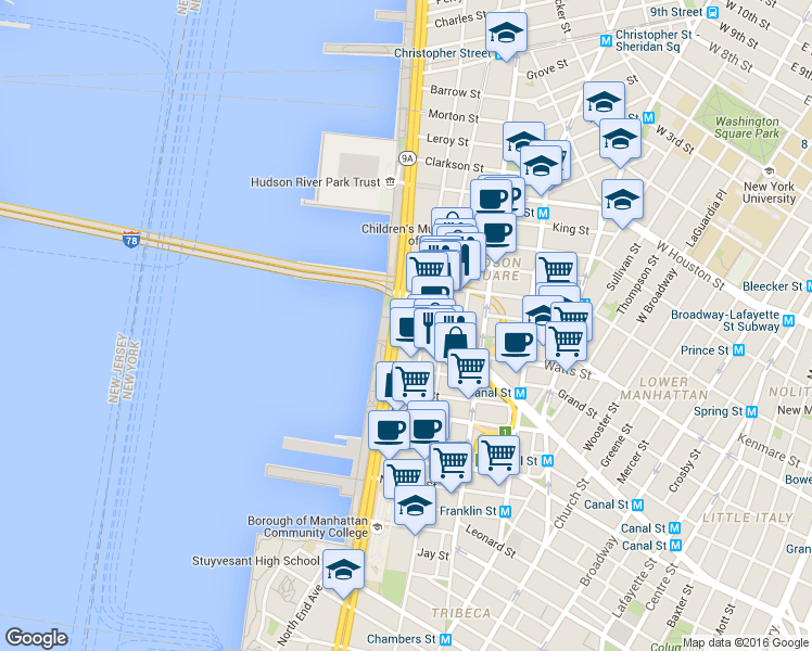 map of restaurants, bars, coffee shops, grocery stores, and more near 267 West Street in New York