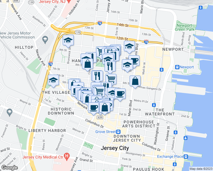 map of restaurants, bars, coffee shops, grocery stores, and more near 246 5th Street in Jersey City