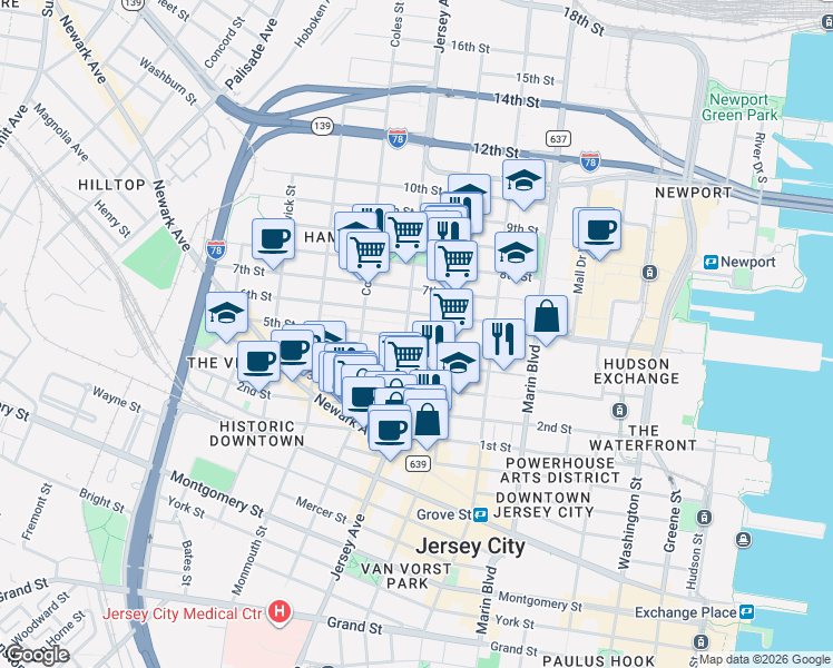 map of restaurants, bars, coffee shops, grocery stores, and more near 246 5th Street in Jersey City