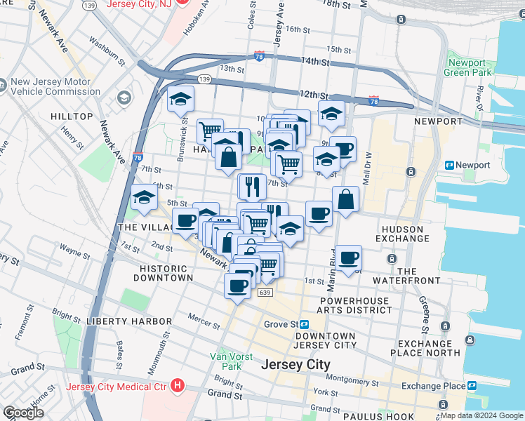map of restaurants, bars, coffee shops, grocery stores, and more near 246 5th Street in Jersey City
