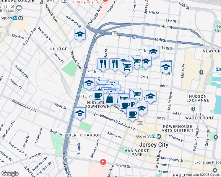 map of restaurants, bars, coffee shops, grocery stores, and more near 437 Monmouth Street in Jersey City