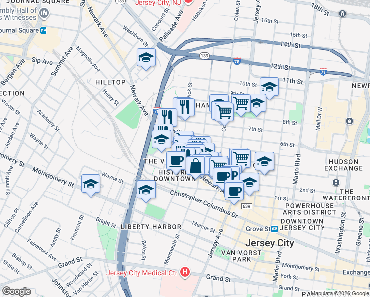 map of restaurants, bars, coffee shops, grocery stores, and more near in Jersey City