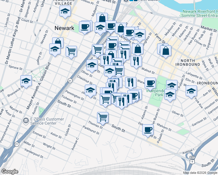 map of restaurants, bars, coffee shops, grocery stores, and more near in Newark