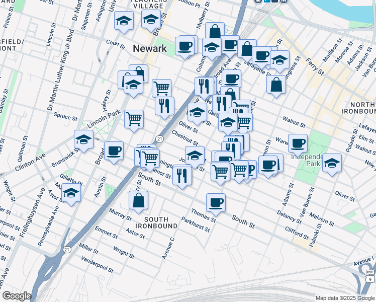 map of restaurants, bars, coffee shops, grocery stores, and more near 14 Hermon Street in Newark