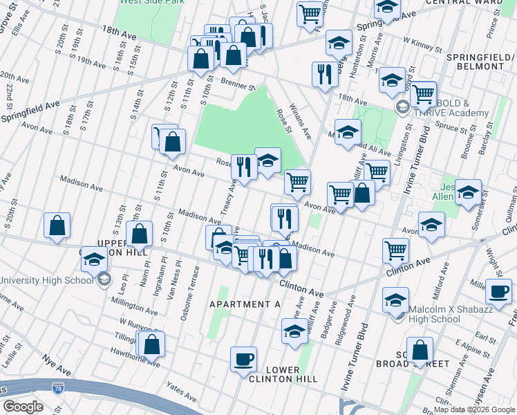map of restaurants, bars, coffee shops, grocery stores, and more near 14 Seymour Avenue in Newark