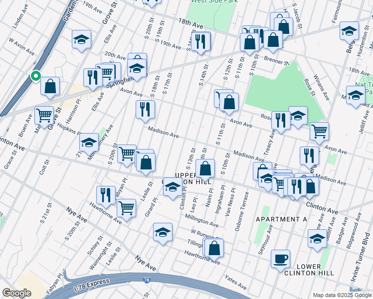 map of restaurants, bars, coffee shops, grocery stores, and more near 831 South 13th Street in Newark