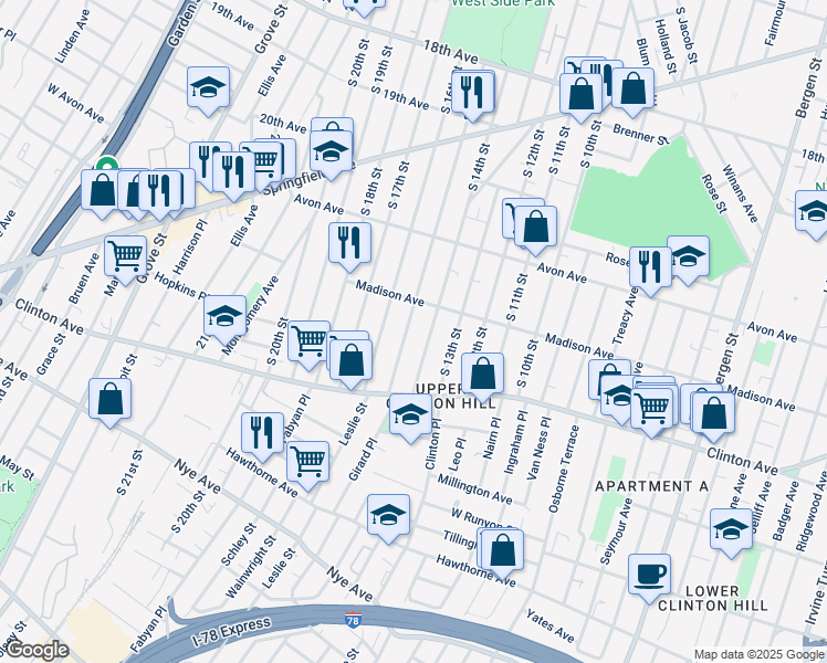 map of restaurants, bars, coffee shops, grocery stores, and more near 844 South 15th Street in Newark