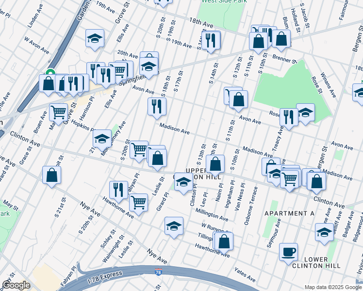 map of restaurants, bars, coffee shops, grocery stores, and more near 844 South 15th Street in Newark