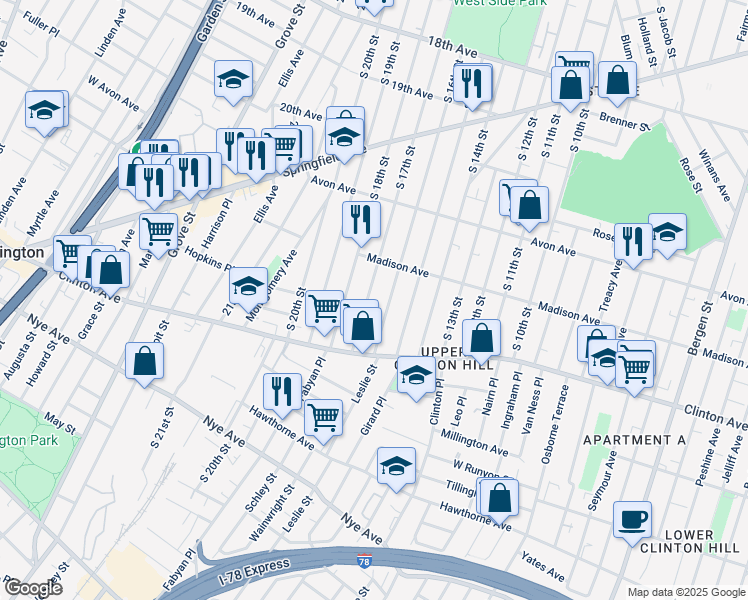 map of restaurants, bars, coffee shops, grocery stores, and more near 877 South 16th Street in Newark