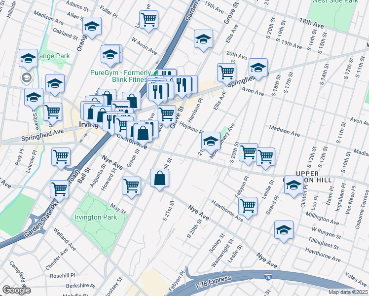 map of restaurants, bars, coffee shops, grocery stores, and more near 108 Harrison Place in Irvington